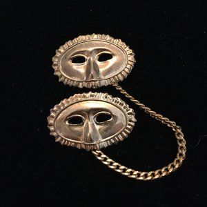 Vintage Double Brooch Mask Gold Chain Connecting